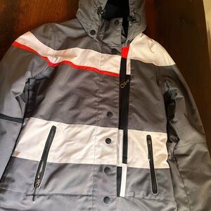 Obermeyer Gray and White Ski Jacket with Red Accents